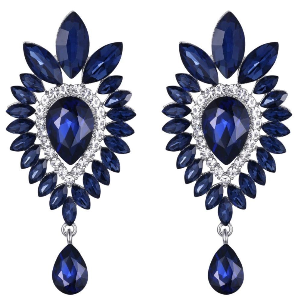 Silver with Sapphire Blue Austrian Crystal Teardrop Halo Chandelier Earrings